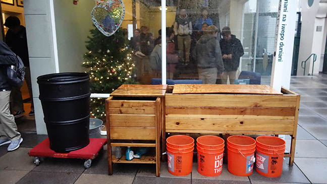 The barrel sits outside the lobby in the Courtyard of the Pine and Octavia campus. It was placed due to Januarys strong rains causing the rain gutters to overflow.