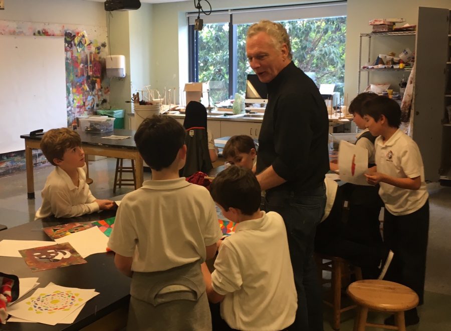 Will Jaggers works with his Stuart Hall Boys students during a scheduled art class. Jaggers art will be featured in a campus art show that opens in the Syufy Gallery tomorrow night.