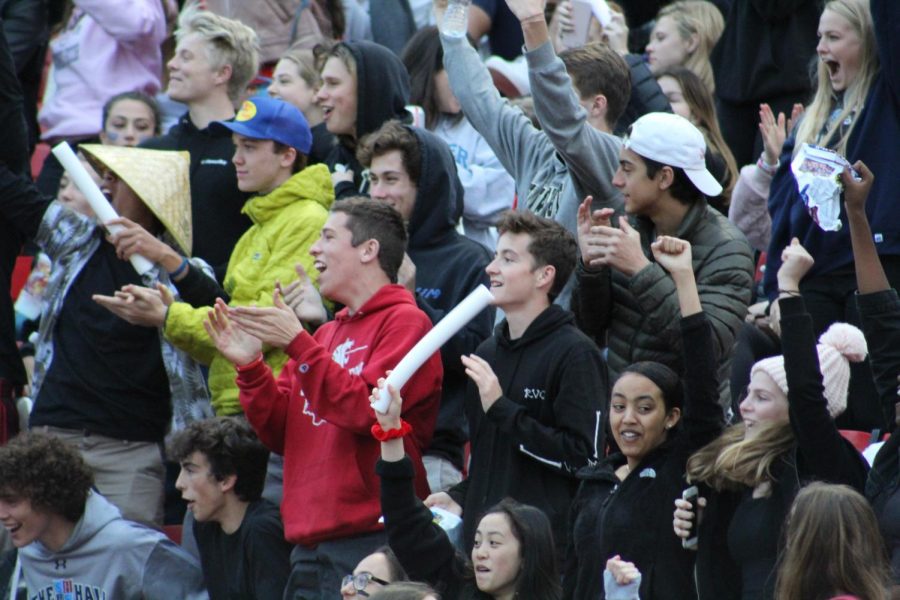 Students cheer for a touchdown. The Homecoming game draws footballs largest crowd of the season.