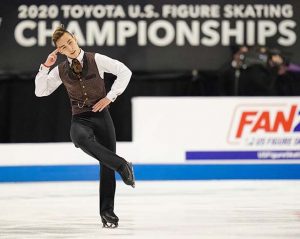 Senior athlete Dinh Tran performs in the 2020 Toyota U.S. Figure Skating Championships where he took eighth place. Tran’s performance was live-streamed to the community in the Columbus Room in 2019, when he took second place in the U.S. Junior Championships.