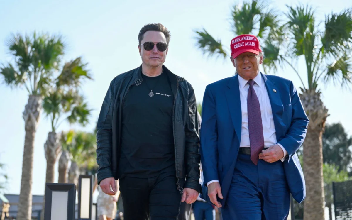 Elon walks with Trump at a SpaceX launch in Brownsville, Texas. Musk recently backed President Trump in the 2024 election, donating over $277 million to the Trump-Vance Campaign.