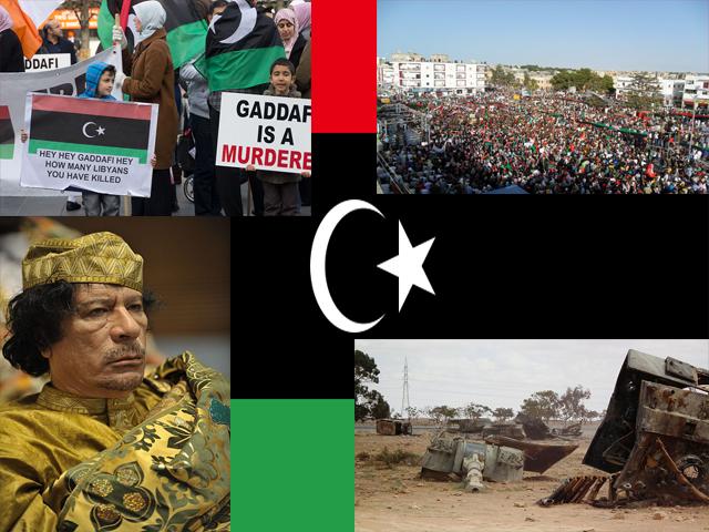 Clockwise: Protestors in Libya, Destroyed Loyalist Howitzer, President Gaddafi, Irish Protestors | Collage of Wikimedia Images