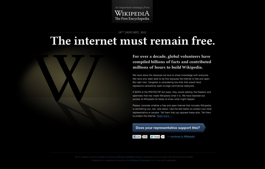 Wikipedia Blacked out on January 18th in Protest of SOPA | Image CC-BY-NA Wikimedia Foundation
