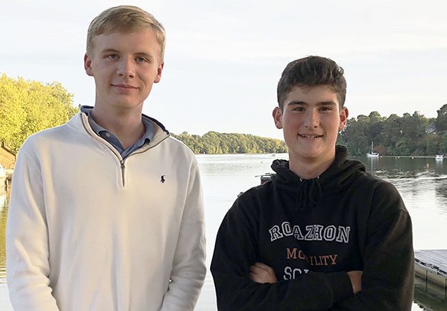 Junior Vincent Behnke stands with exchange student Jules His while visiting a lake in Sucé-sur-Erdre near Nantes, France. Behnke went to Lycée Sacré Coeur la Perverie in September 2018, and His visited Stuart Hall in January 2019.
