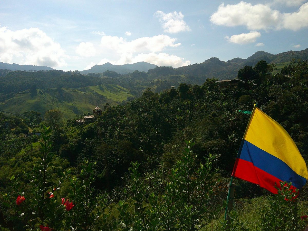 View of the nature in Columbia. A flag is seen planted in the mountain. 
