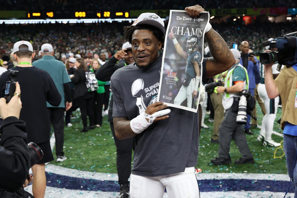 Feb 9, 2025; New Orleans, LA, USA; Philadelphia Eagles safety C.J. Gardner-Johnson celebrates on the field after Super Bowl LIX against the Kansas City Chiefs at Caesars Superdome. Mandatory Credit: Geoff Burke-Imagn Images