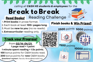 Break to Break reading rules sheet. The competition lasts from 02/14 to 04/21, from the start of Ski break to the end of Spring break.