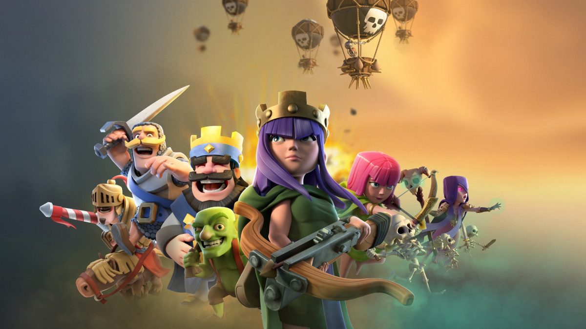 Clash Royale characters- including Queen Archer and the King himself along with the barbarians and archers to the left and right, respecitvely. License details: https://creativecommons.org/licenses/by-nc/4.0/