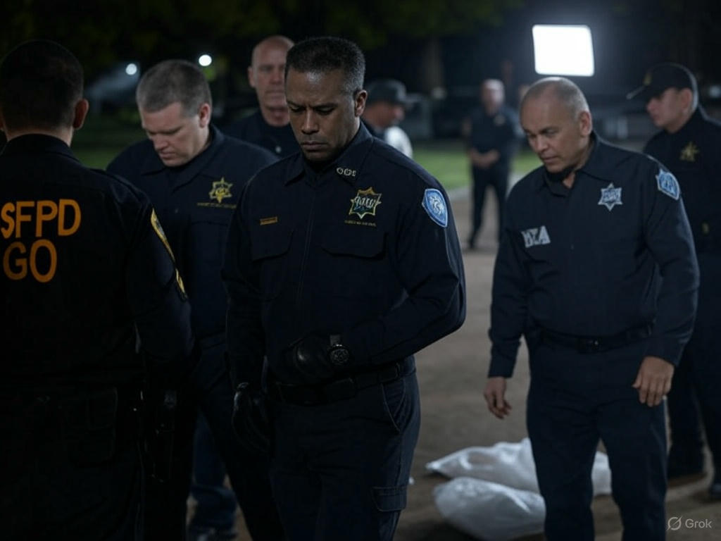 AI-generated depiction of the February 26, 2025, drug bust at Jefferson Square Park in San Francisco, showcasing a late-night multi-agency operation with law enforcement arresting suspects and seizing narcotics, under the direction of SFPD, DEA, and city officials, including Mayor Daniel Lurie.