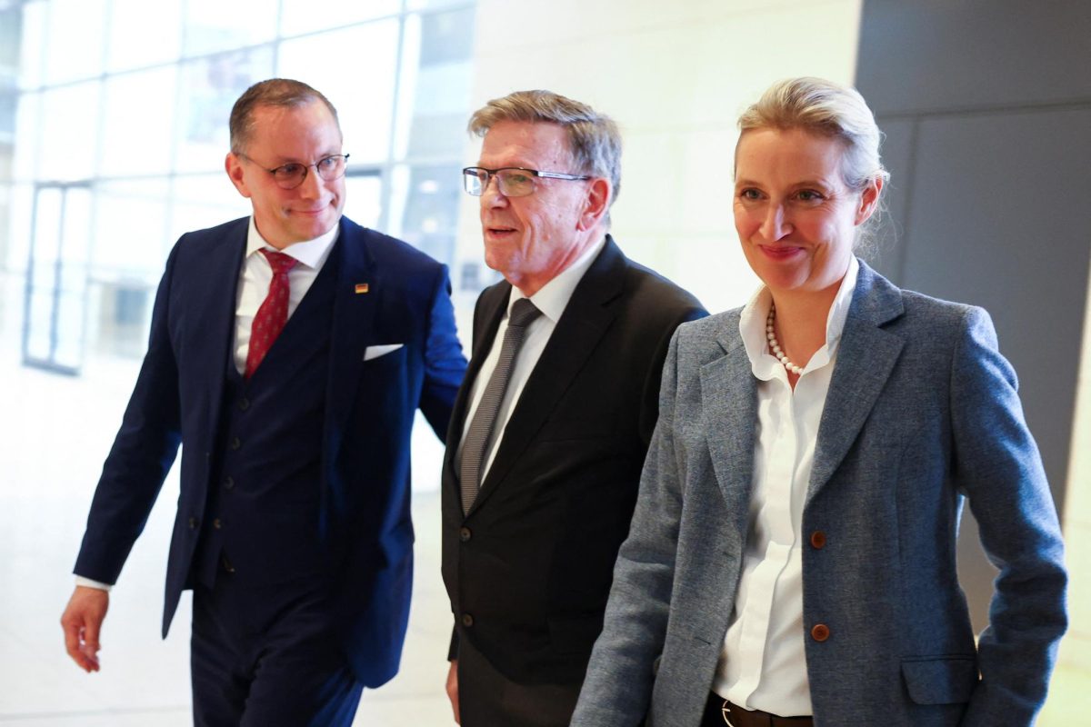 Far-right Alternative for Germany (AfD)'s nominee for Vice President of the Bundestag Gerold Otten and AfD's co-leaders Alice Weidel and Tino Chrupalla leave after giving the press statement after an inaugural session of Germany's lower house of parliament, the Bundestag, in Berlin, Germany, March 25, 2025. REUTERS/Lisi Niesner