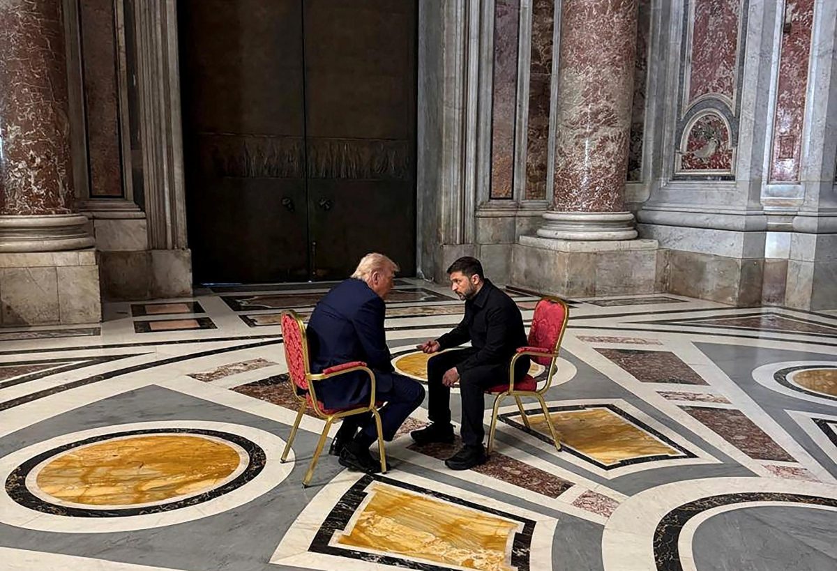Ukraine's President Volodymyr Zelenskiy and U.S. President Donald Trump meet, while they attend the funeral of Pope Francis, at the Vatican April 26, 2025. Ukrainian Presidential Press Service/Handout via REUTERS    THIS IMAGE HAS BEEN SUPPLIED BY A THIRD PARTY