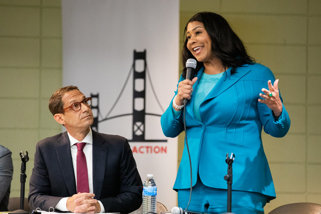 Former Mayor London Breed gets up to speak at the San Francisco Mayoral Debate on July 8, 2024. Lurie beat Breed by an 11 point margin.