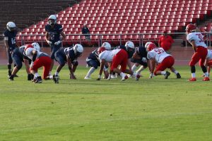Knights line up on offense against Upper Lake on Sept. 5, 2025. The Knights beat the Cougars 26-0, handing Upper Lake its second loss of the year and giving Stuart Hall its first win.
