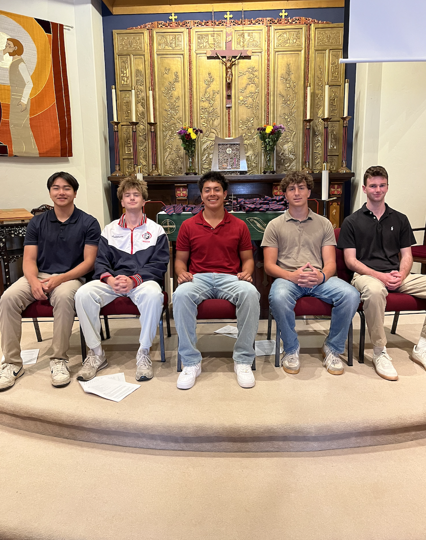 The new student council poses for a photo after the first chapel of the year. From left: Andrew Kim, Financial Officer; Julian Anderson, Operations Officer; Christian Rodriguez, President; Nico Rivera, Vice President; Alex Akel, L.I.F.E. Representative.