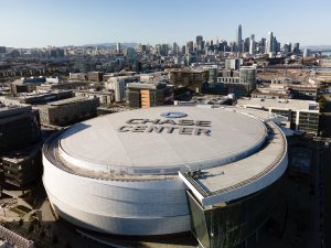 Ariel view of Chase Center, the sight of the 2025 Lavar Cup and the home of the Golden State Warriors and Valkyries.