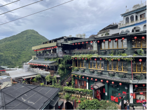 Jiufen Old Street, a hillside town in northeastern Taiwan known for its teahouses, red lanterns, and mountainous terrain.