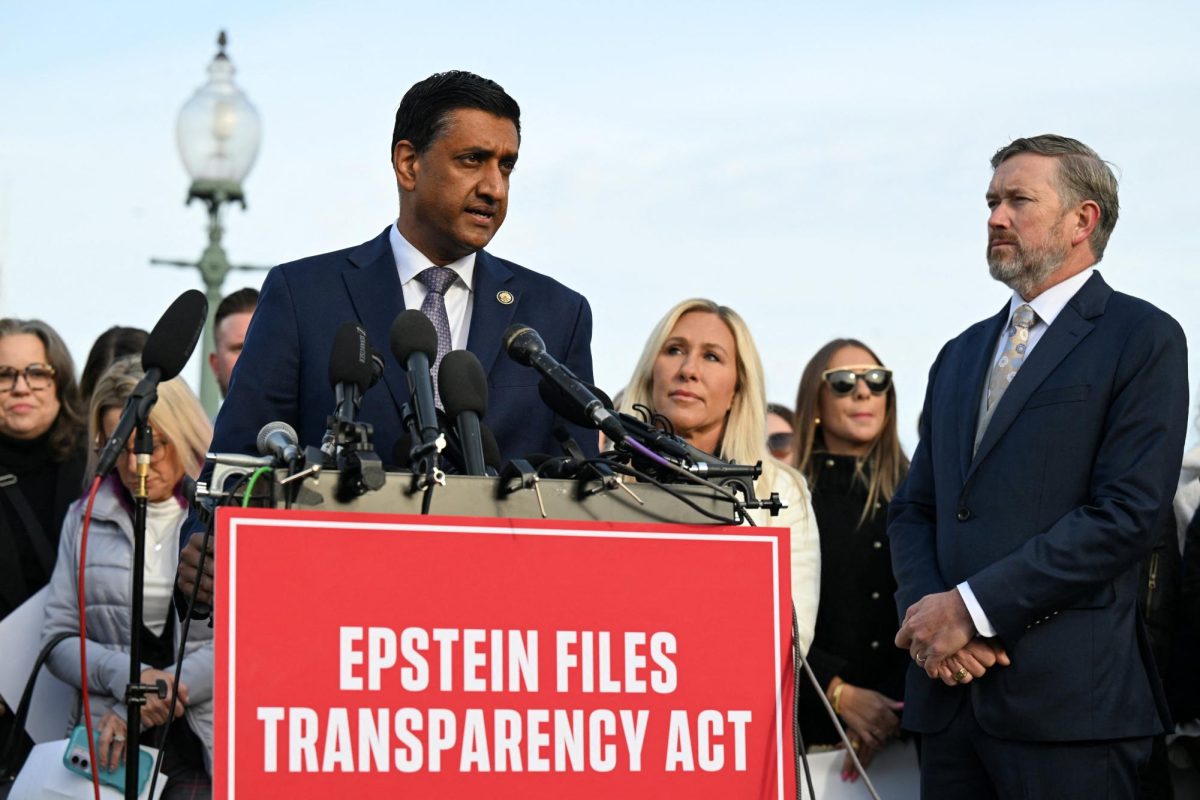 U.S. Representative Ro Khanna (D-CA), accompanied by U.S. Representatives Marjorie Taylor Greene (R-GA) and Thomas Massie (R-KY), speaks during a press conference on the Epstein Files Transparency Act ahead of a House vote on the release of files related to the late convicted sex offender Jeffrey Epstein, on Capitol Hill in Washington, D.C., U.S., November 18, 2025. REUTERS/Annabelle Gordon