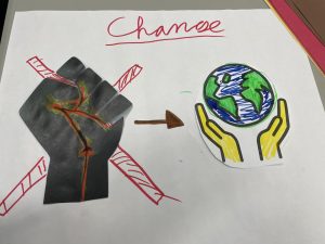 An advocacy poster created within CYC's Racial Justice Cohort to illustrate breaking the chains of inequality in order to create the change for a better world.